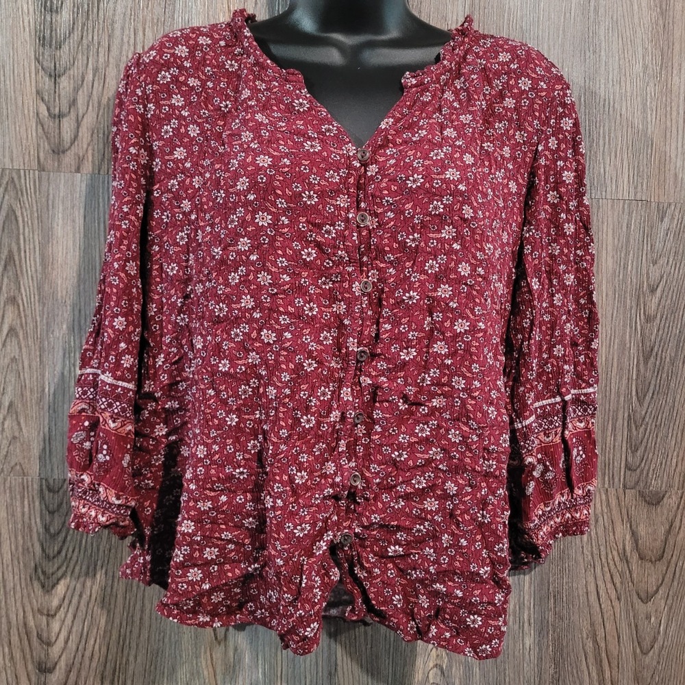 Mason & Belle Floral Peasant Blouse XXL Sangria Red Button Front Boho SmockedSlv
